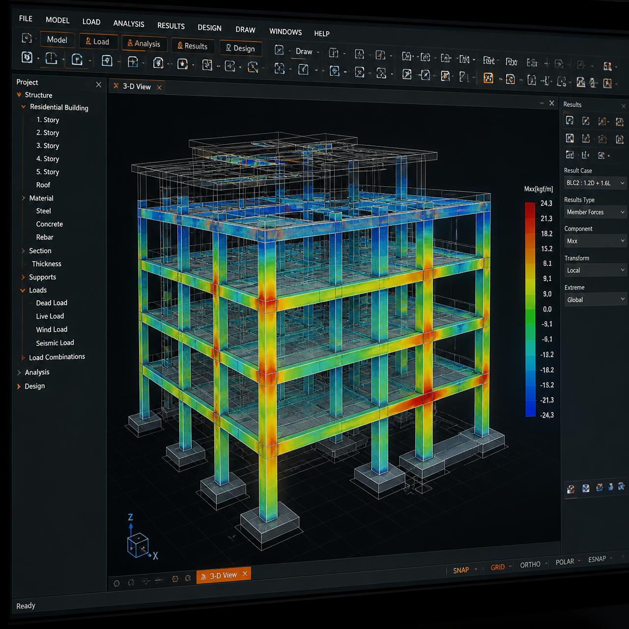 Modelo estrutural tridimensional de edificação em concreto armado em software de cálculo estrutural
